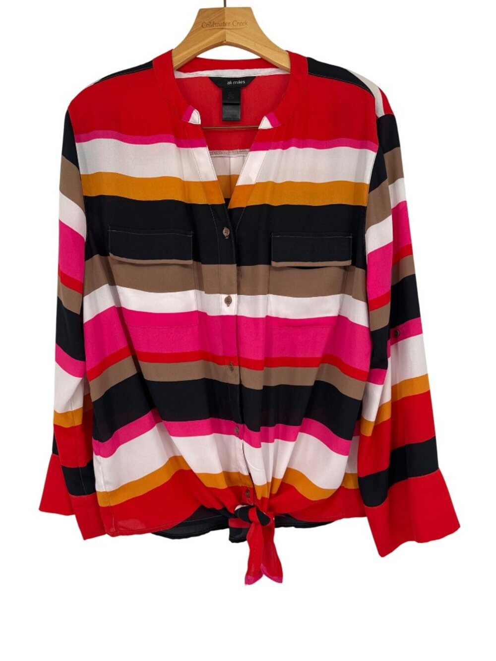 Ali Miles Striped Blouse top Tie botton Long Sleeves Womens size Large